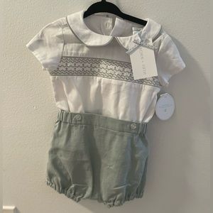 Born of Fifth, green and white smocked outfit, 12 months NWT